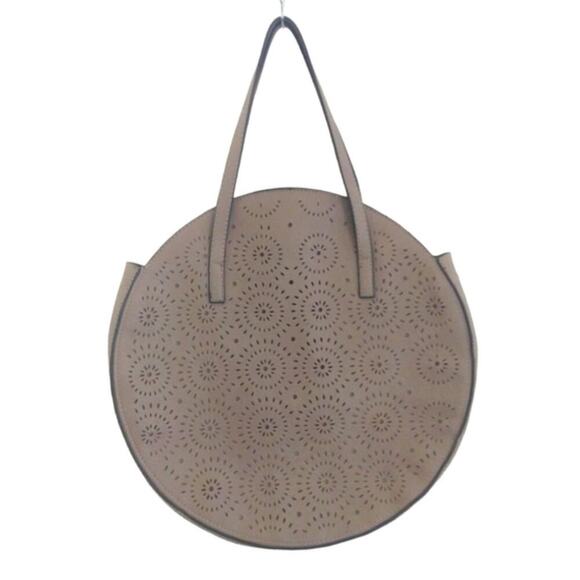 BOHO Vegan Leather LG Taupe Round Circle Bag Purse Flower Cutout Suede Interior - Picture 1 of 7